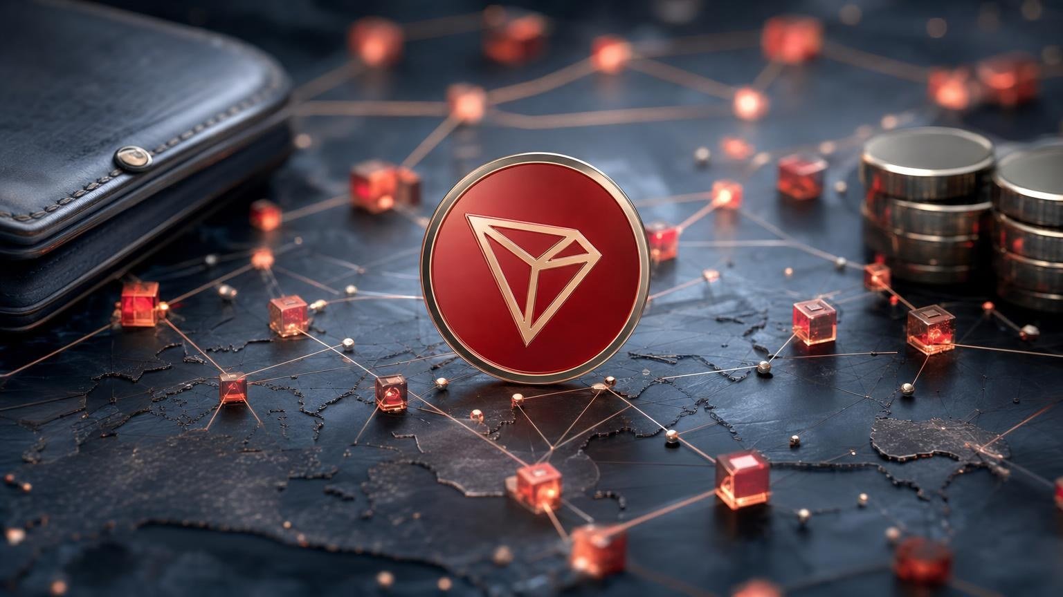 A TRX transaction moving through the TRON network, with bandwidth, network fee, address verification and transaction confirmation stages